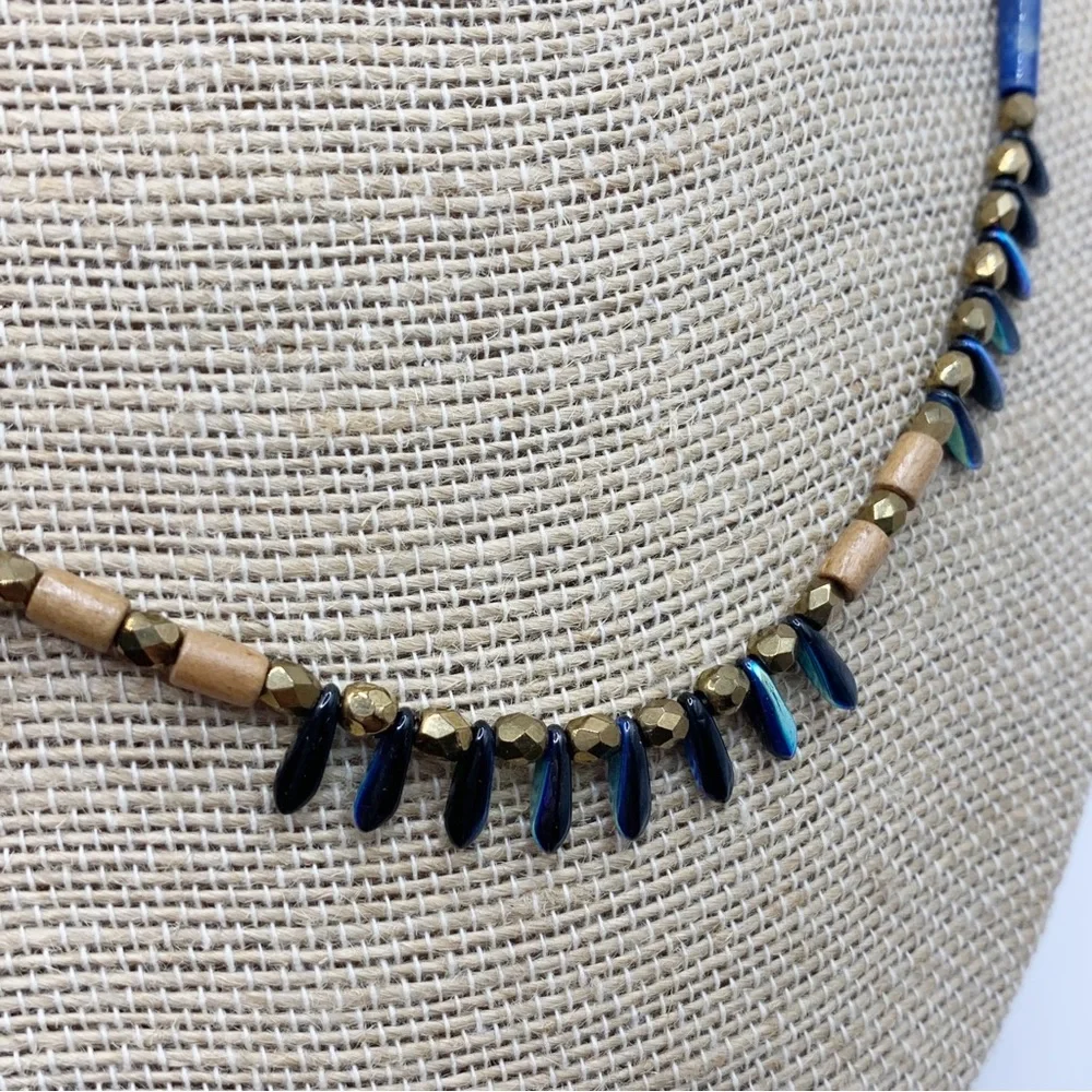 Blue, gold, wood and peacock iridescent faceted dainty Briolette bead necklace